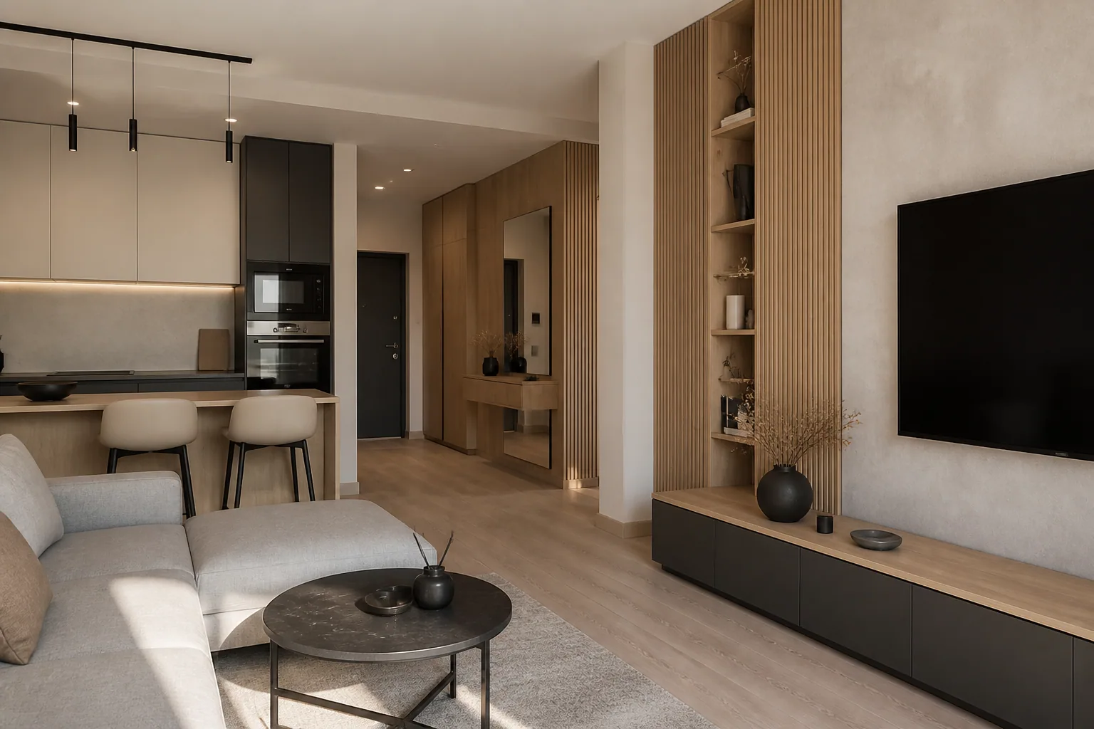 Компактная квартира — 48 м² с полноценной кухней, хранением и рабочим местом.